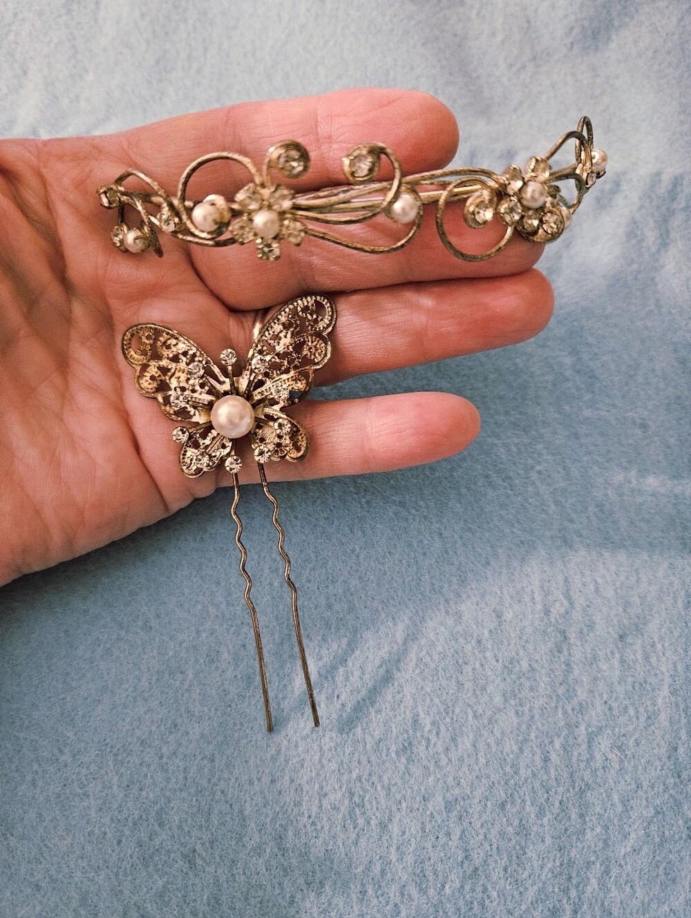 VTG Romantic Victorian Revival Pearl Floral Hair Comb and Butterfly Pin Set